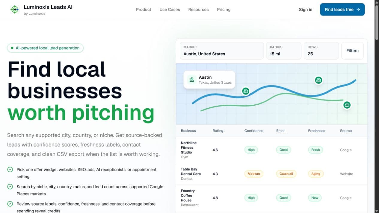 Luminoxis Leads AI interface showing local-business search, lead quality labels, and export workflow